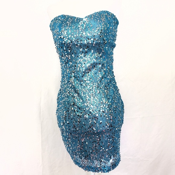 blue sequin strapless dress